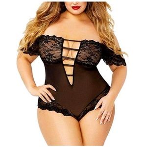 Sexy Off-Shoulder See Through Plunging Lace Trim